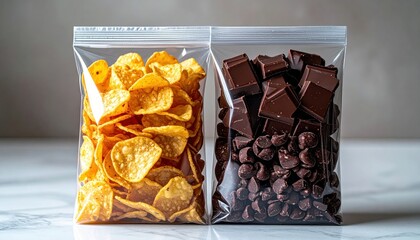 Two Ziploc Bags Filled With Snacks - Corn Flakes and Chocolate Chips.