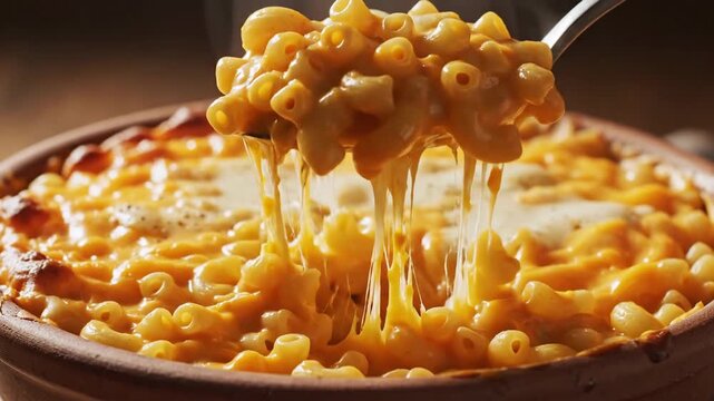 Creamy macaroni and cheese being lifted from a dish with a spoon, steam rising