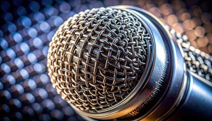 Close-up of a Professional Microphone on a Bokeh Background.