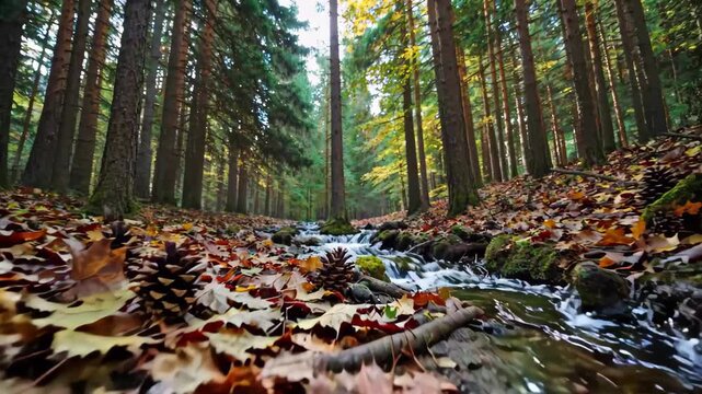 Fallen leaves and pine cones in the autumn forest