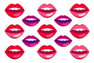 Many smiling open Women's mouths with lipstick,shiny teeth