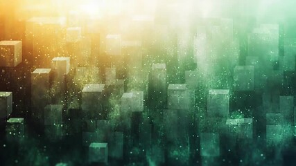 Abstract digital cityscape of geometric cubes rising from a dark base, bathed in green to yellow glow and floating particles, symbolizing data transformation, tech growth and networked innovation - Powered by Adobe