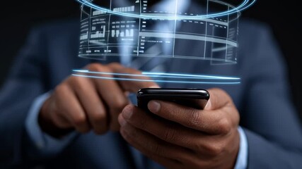 A person in formal wear uses a smartphone to engage with digital data displays. The setting shows advanced technology in action. Movements of fingers add interaction to the process - Powered by Adobe
