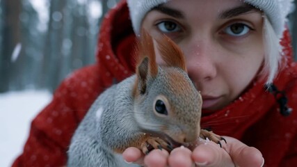 A woman stands in a snowy forest, holding a squirrel close. She offers food in her hand. The squirrel takes the food as she shows affection towards it