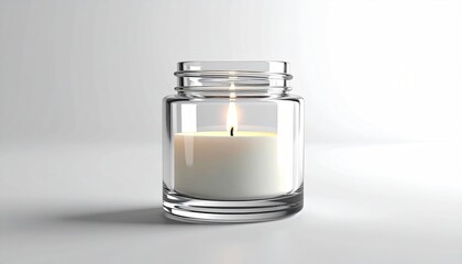 A lit white candle in a clear glass jar on a white surface.