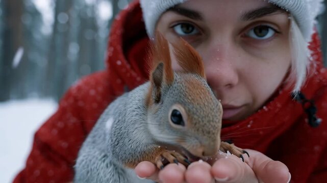 A woman stands in a snowy forest, holding a squirrel close. She offers food in her hand. The squirrel takes the food as she shows affection towards it