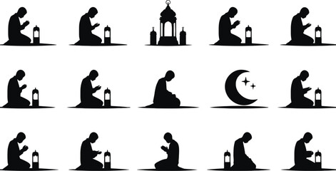 Islamic icon grid with praying figures, lanterns, mosque, crescent moon, and stars in silhouette style