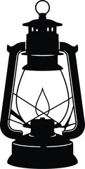 Silhouette of traditional oil lantern with flame and handle for rustic, historical, and Islamic decorative design
