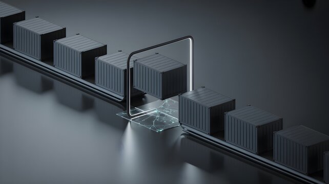 Conveyor with package, digital lock overlay and camera illustrating supply chain security risk detection and tamper protection.