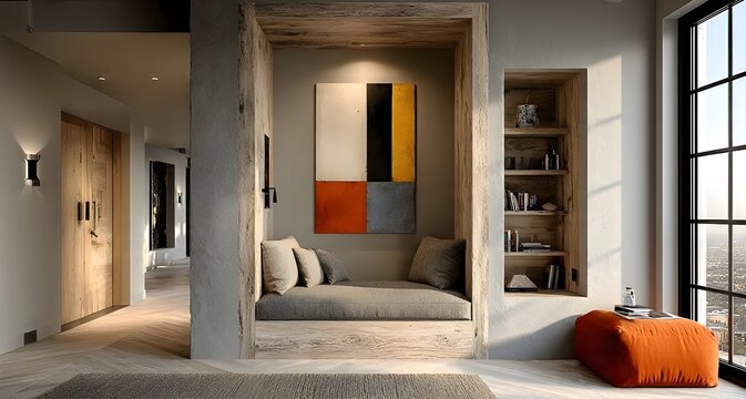 Cozy reading nook with a warm, earthy palette, featuring a wooden cabinet, modern art, and a soft orange stool for a relaxed atmosphere