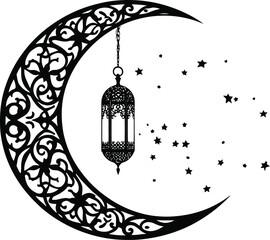 Ornate crescent moon with hanging lantern and stars in Islamic decorative style for Ramadan and spiritual themes