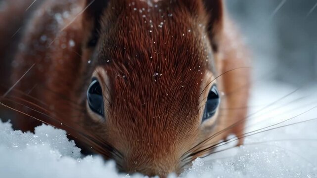 A small squirrel moves carefully through soft snow, searching for food. Its fur is bright against the white background. Snowflakes fall around as the squirrel digs and sniffs the ground