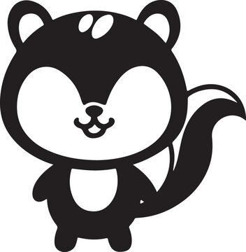 Cute cartoon skunk character standing waving tail with happy face isolated on white