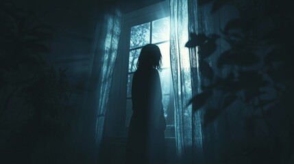 A dark silhouette by the window with a misty landscape creates a mysterious aura of loneliness — suitable for an artistic background in projects about mysticism or night photography.