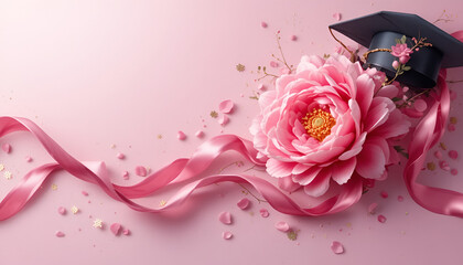 graduation caps background with peony flower and  ribbon waves on pink background Generative AI