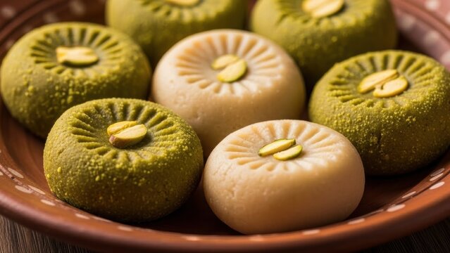 Indian sweet peda in pistachio and saffron flavors on a plate. Traditional dessert for Hindu festivals and celebration.
