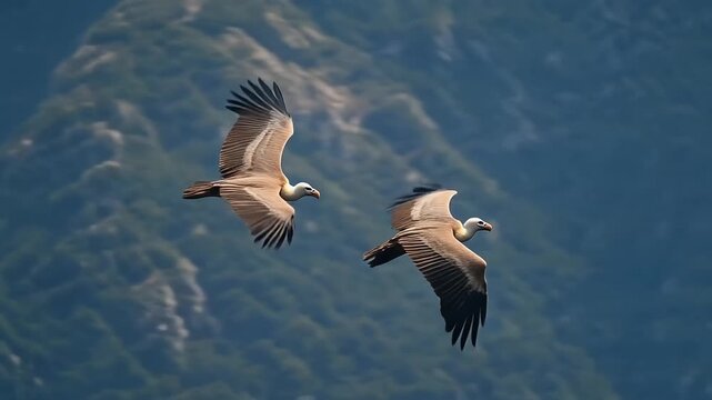 Two vultures flying over rugged mountain landscape with rocky cliffs
