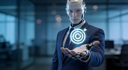 A professional humanoid robot businessman in a formal suit holding a glowing digital target icon, representing artificial intelligence integration in corporate strategic planning and business goal ach