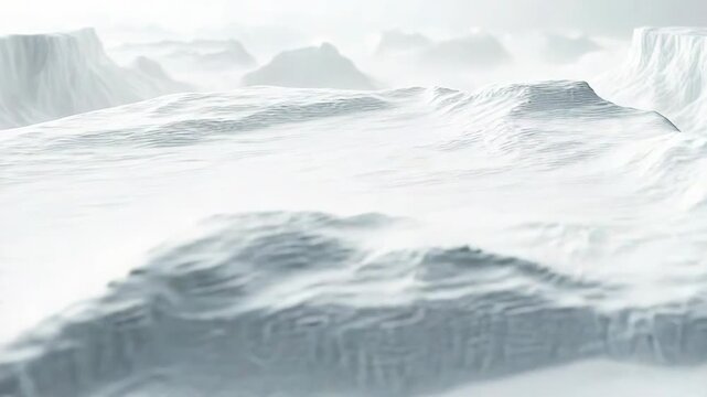 Abstract digital landscape showing white 3d mountains with a topographic terrain, representing data visualization, arctic glaciers, or a frozen alien planet in a minimalist style