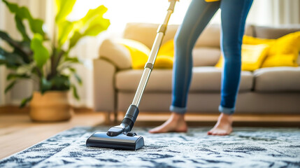 A person vacuuming a carpet in a warmly lit living room.