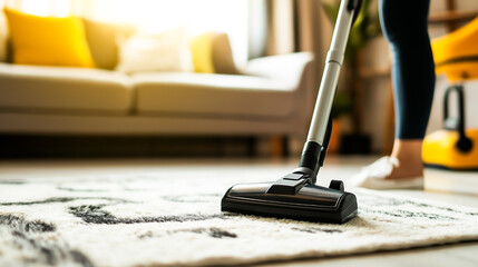 A person vacuuming a carpet in a warmly lit living room.