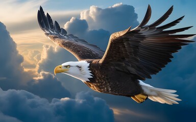 Majestic bald eagle soaring high through dramatic white and blue clouds in a golden sunset sky