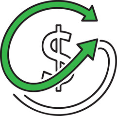 A green line art vector featuring a dollar sign centered between two circular, interlocking arrows, symbolizing currency exchange, financial recycling, cash flow, and global monetary cycles.