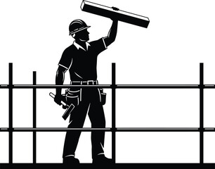 Construction worker silhouette wearing hard hat and tool belt, building wooden structure on scaffolding, professional carpenter holding hammer and timber plank, industrial site labor.