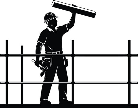 Construction worker silhouette wearing hard hat and tool belt, building wooden structure on scaffolding, professional carpenter holding hammer and timber plank, industrial site labor. - Powered by Adobe
