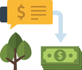 A flat-style infographic depicting an environmental investment theme, featuring a green leafy tree, a yellow speech bubble with a dollar sign, and an arrow pointing to a stack of dollar bills.