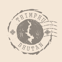 Stamp Postal Thimphu is capital of Bhutan. Map Silhouette rubber Seal.  Design Retro Travel. Seal of Map Thimphu grunge  for your design.  EPS10