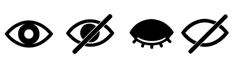 Minimalist Black Eye Icons.Flat Vector Set for Open, Closed, Slashed, and Hidden View States in UI Design