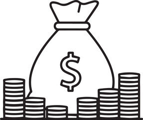 A minimalist line drawing of a sack marked with a dollar sign, surrounded by several stacks of coins of varying heights, symbolizing wealth accumulation, savings, and financial success.