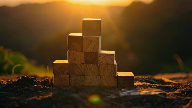 積み上げたブロックの上に立つ人物が到達と成長を象徴する
