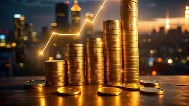 都市夜景とコインの積み上げが資産成長と投資成果を表す