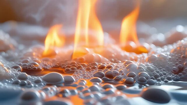 泡立つ液体と炎が交わる様子が化学反応のエネルギーを視覚的に示す