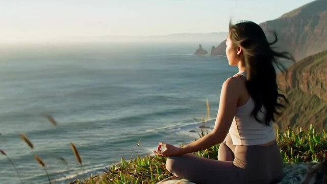 Woman sitting in a lotus pose during meditation on a cliffside overlooking the ocean. Yoga and mindfulness for mental well-being and health.