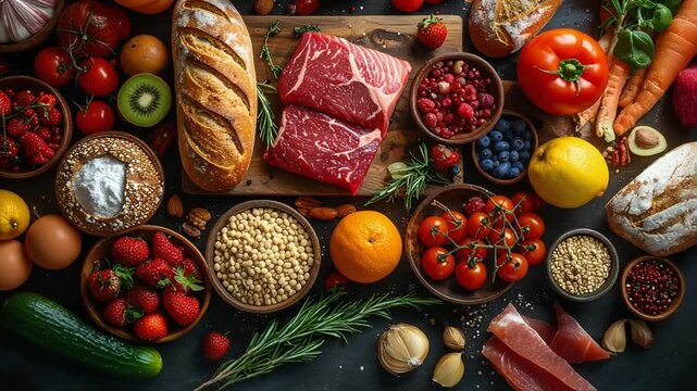 色とりどりの食材が敷き詰められた構図が豊富な栄養と食の楽しさを表す