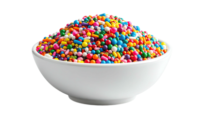 A white bowl overflowing with a colorful medley of tiny, round, and cylindrical sprinkles