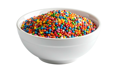 A white bowl overflowing with a colorful mound of tiny, round, rainbow-colored sprinkles