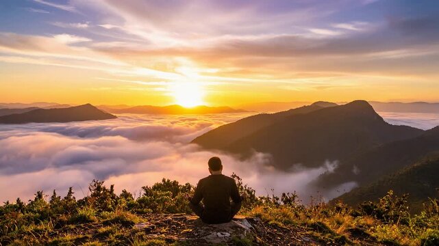 雲海と朝日を望む山頂で座る人物が静かな達成感を味わう風景