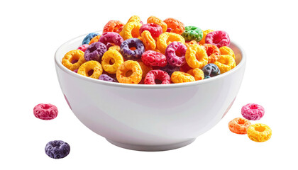 A white bowl overflowing with colorful, round breakfast cereal on a transparent background