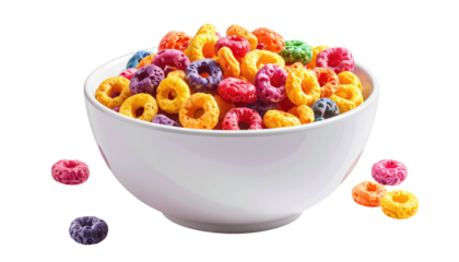 A white bowl overflowing with colorful, round breakfast cereal on a transparent background