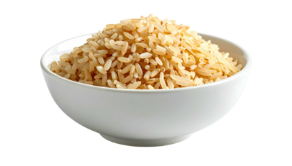 A white bowl overflowing with freshly cooked, fluffy, tan-colored long-grain rice