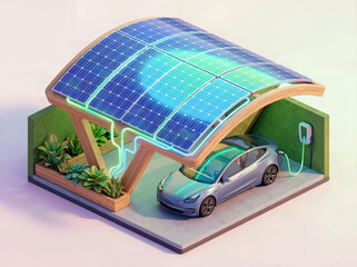 Futuristic solar panel carport charging an electric car with glowing energy lines and modern curved wooden architecture design.