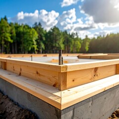 Construction wood frame on concrete foundation with sunny backdrop, forests, and cloudy skies in bright daylight