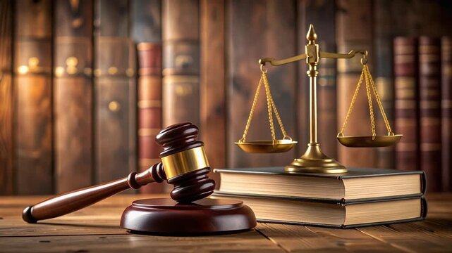 木槌と天秤が並ぶ構図が法と正義の重みを静かに伝える