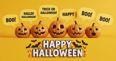 Happy halloween greeting with jackolanterns and speech bubbles on orange background