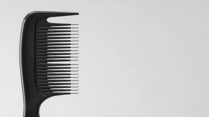 Black plastic comb for hair grooming and styling. Studio shot with white background. Copy space for text