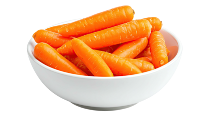 A white bowl overflowing with vibrant, peeled, and fresh orange baby vegetables